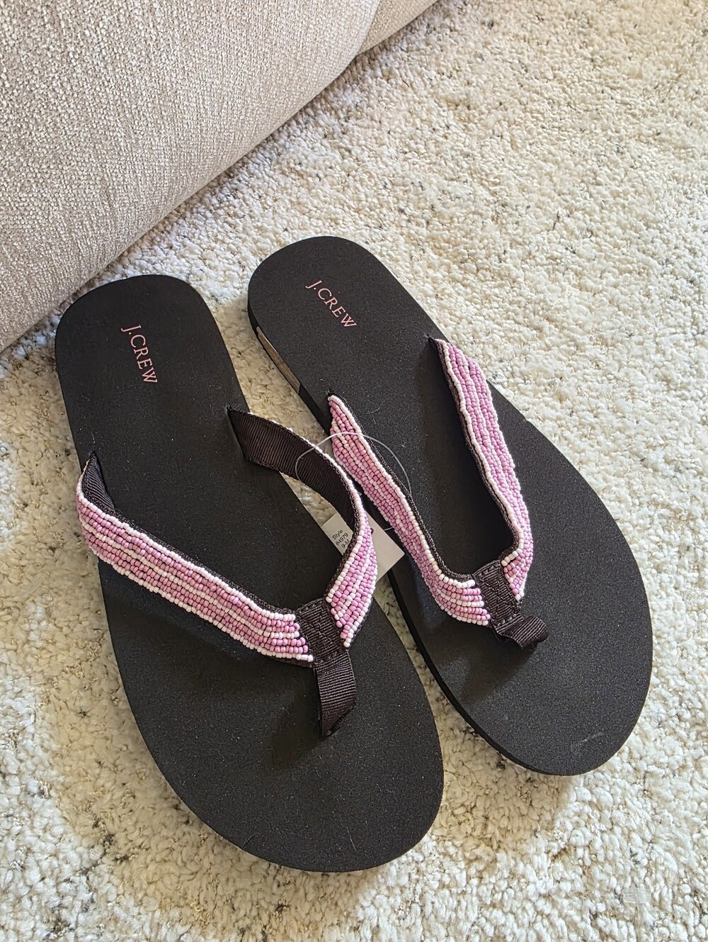 J. Crew Size 9 Pink Beaded Flip Flop Sandals with Brown Footbed